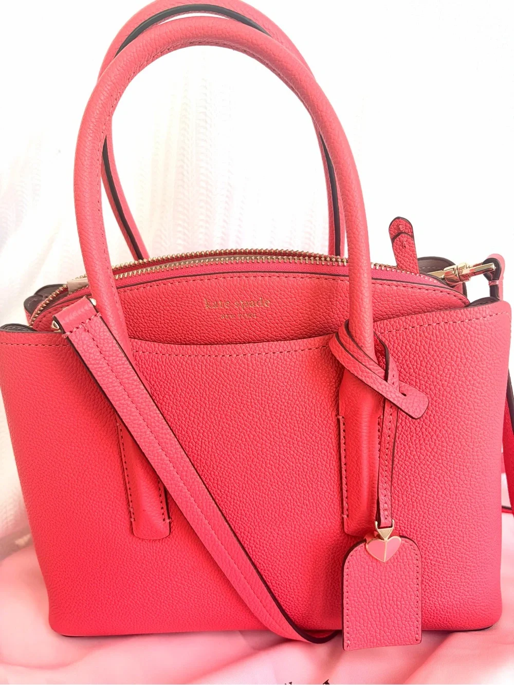 kate spade Margaux Coral Pink Pebbled Leather Satchel with Removable Strap